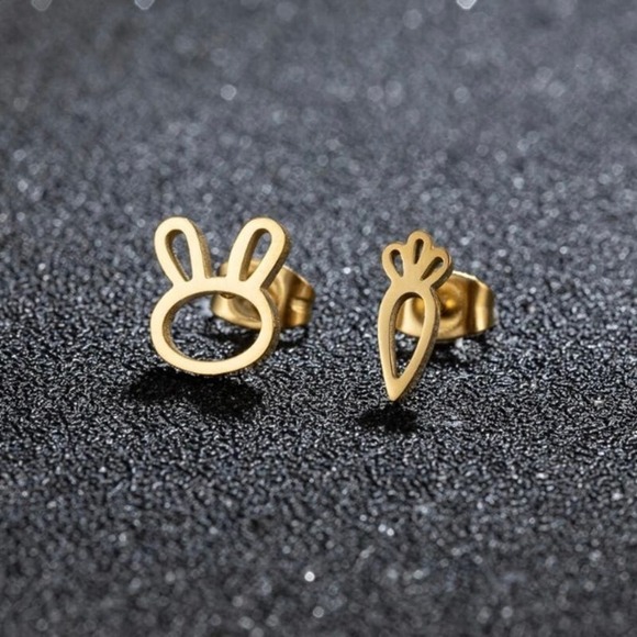Gold Mismatched Easter Bunny Rabbit and Carrot Earrings - Picture 1 of 7